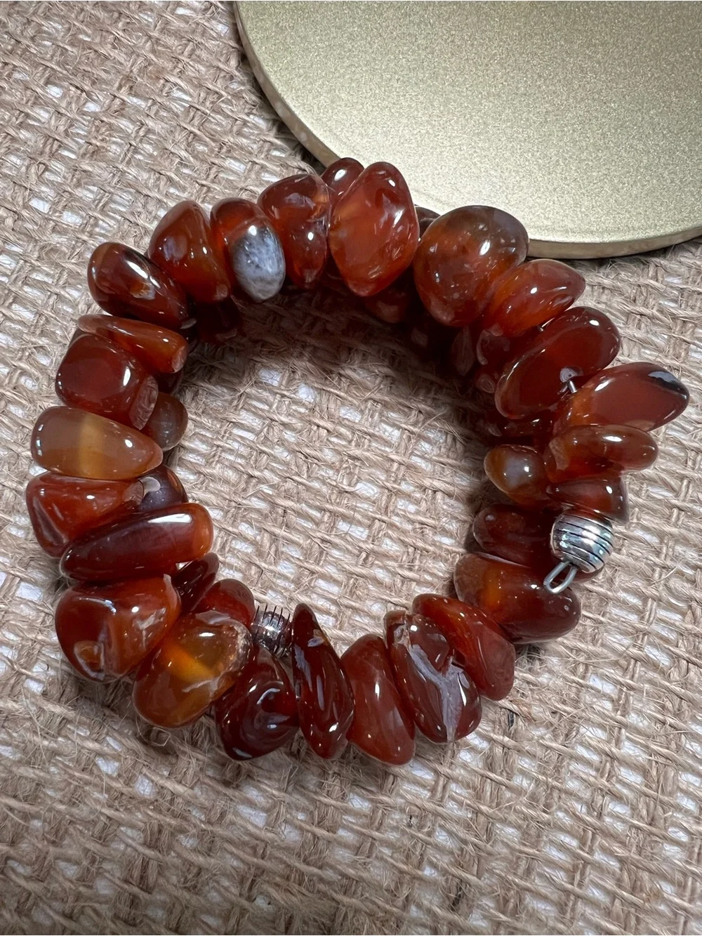 Polished Amber-colored memory wire Bracelet. Handmade red/orange Stone Jewelry.
